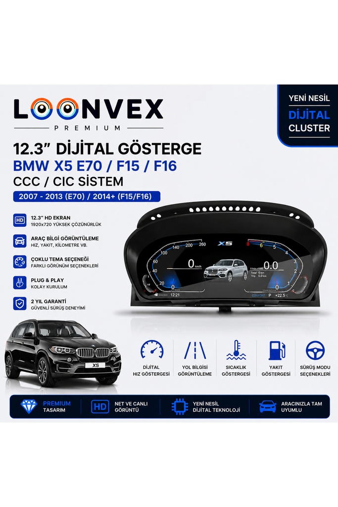 [LNV-DC-0002] Premium BMW X5 E70 2007-2013 CCC/CIC 12.3” Dijital Gösterge – Hayalet Ekran