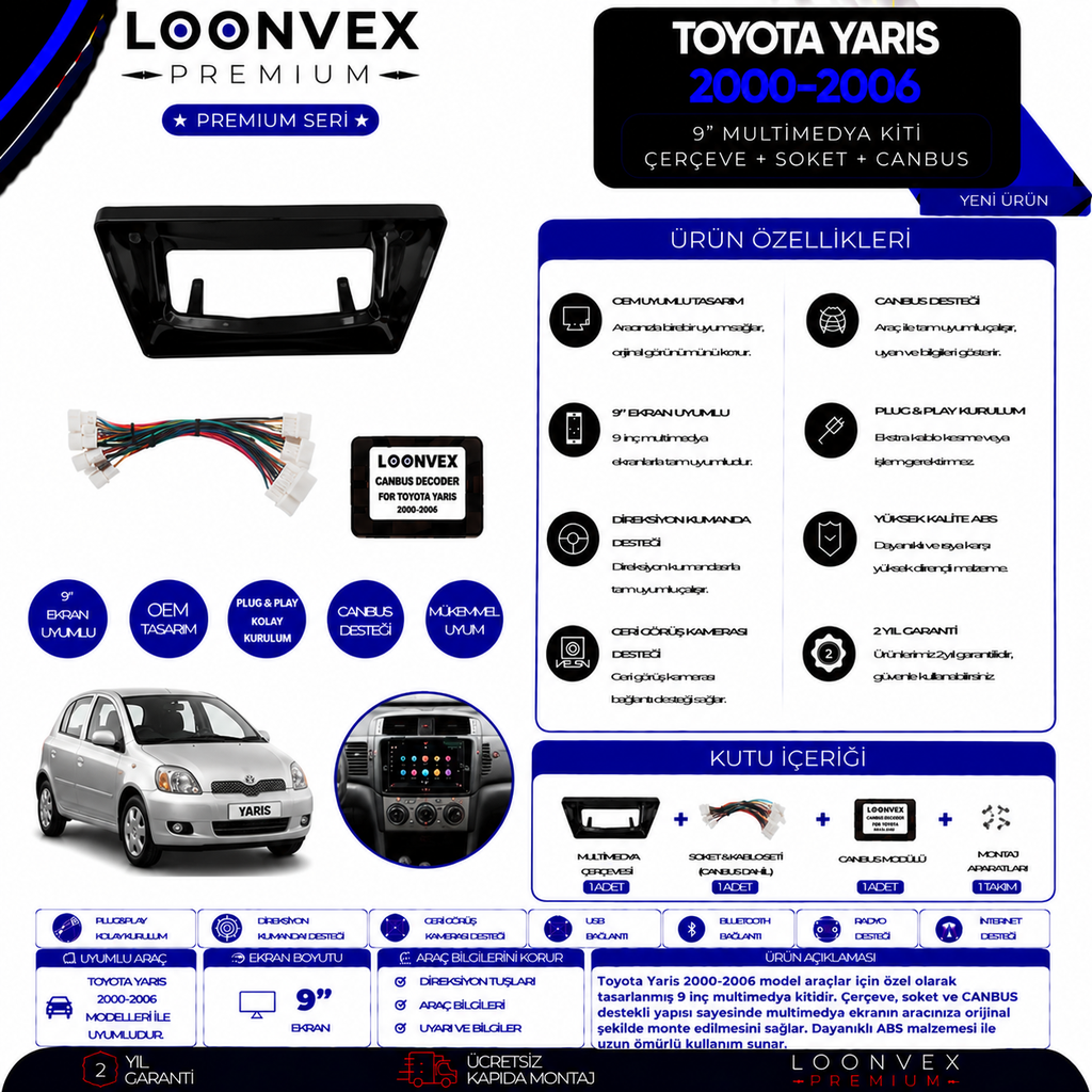 Premium Toyota Yaris 2000-2006 9 İnç Multimedya Çerçeve + Soket + CANBUS Montaj Kiti
