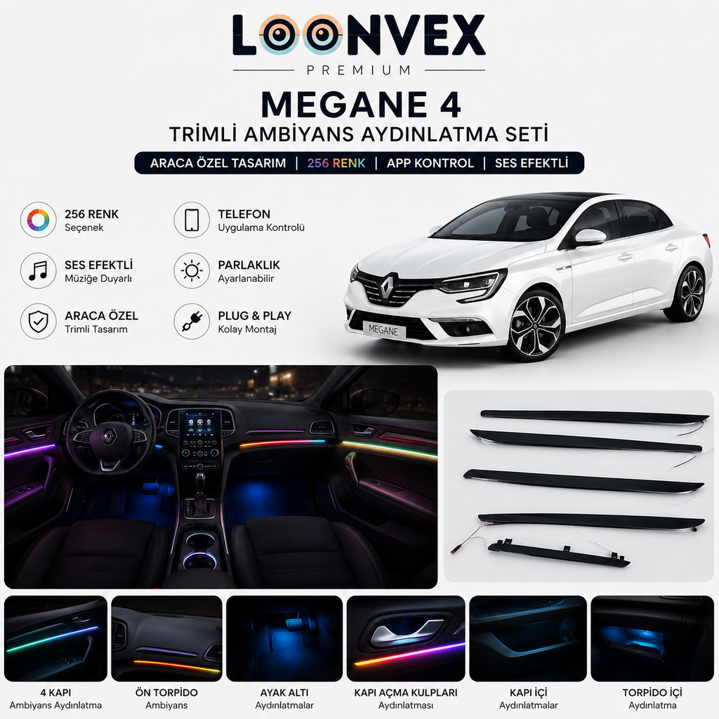 [LNV-AMB-0002] Premium Renault Megane 4 Araca Özel Trimli 256 Renk RGB Ambiyans Aydınlatma Seti