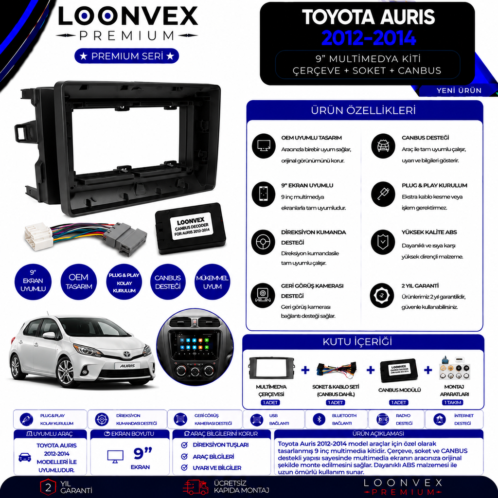 Premium Toyota Auris 2012-2014 9 İnç Multimedya Çerçeve + Soket + CANBUS Montaj Kiti