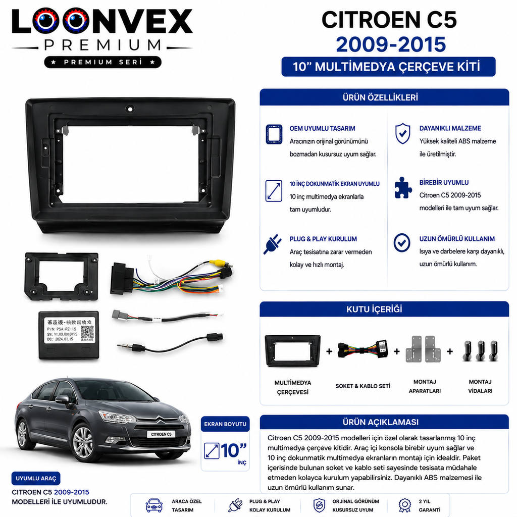 Citroen C5 2009-2015 10 İnç Multimedya Çerçeve + Soket Seti OEM Uyumlu