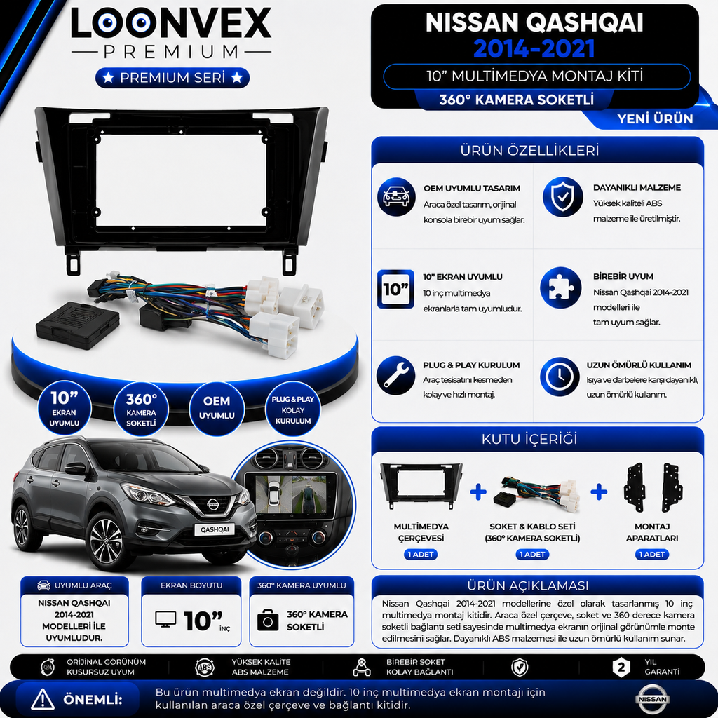 Premium Nissan Qashqai 2014-2021 10 İnç 360° Kamera Soketli Multimedya Çerçeve ve Montaj Kiti