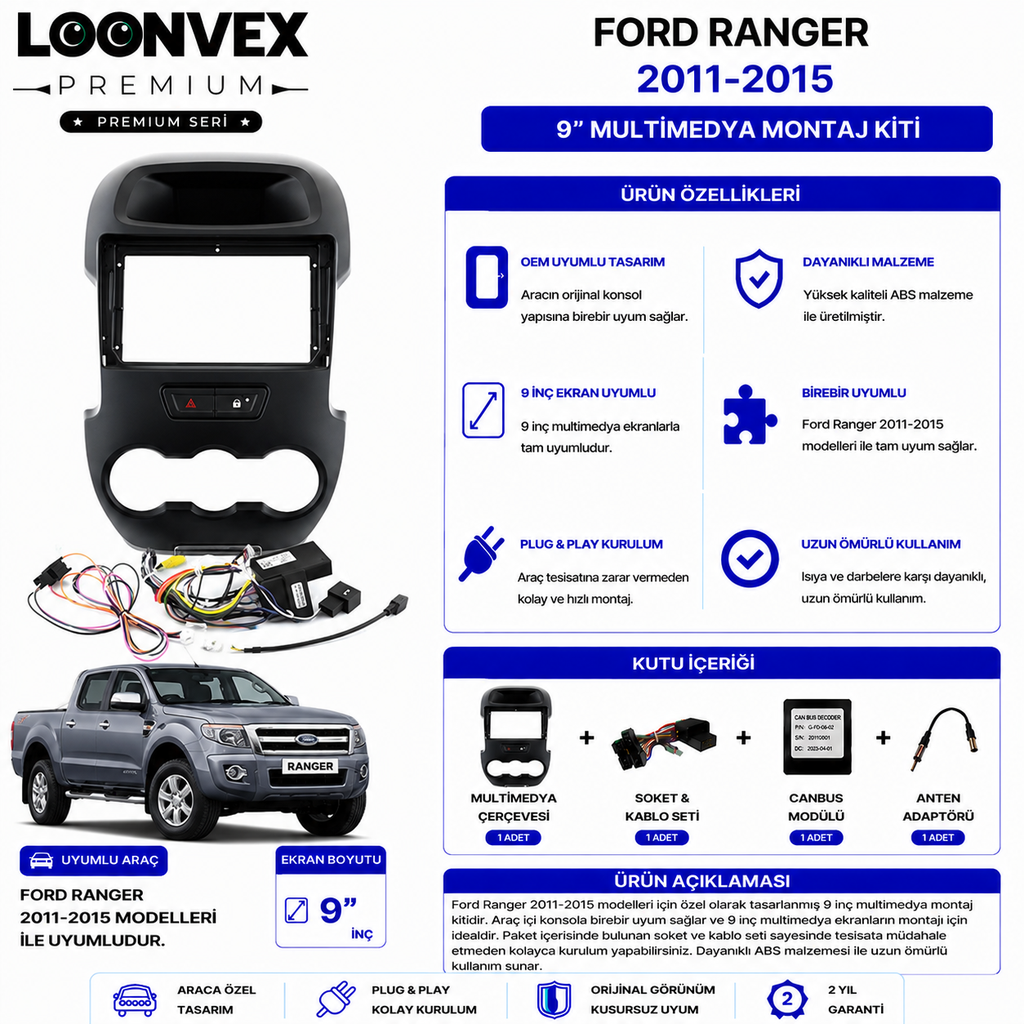 [LNV-CER-0084] PREMIUM – FORD RANGER 2011-2015 9" MULTİMEDYA ÇERÇEVE + SOKET KİTİ