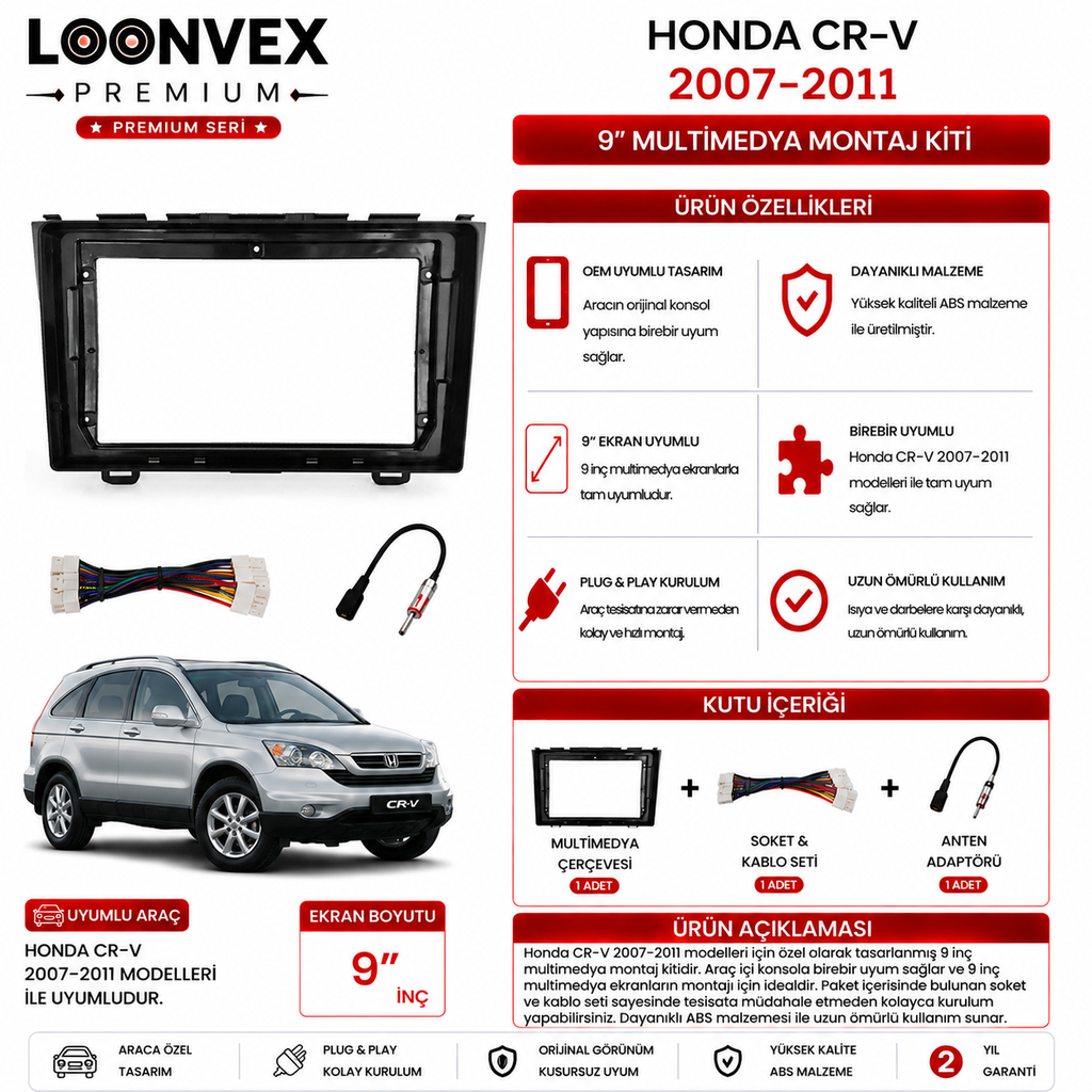 PREMIUM – HONDA CR-V 2007-2011 9" MULTİMEDYA ÇERÇEVE + SOKET KİTİ