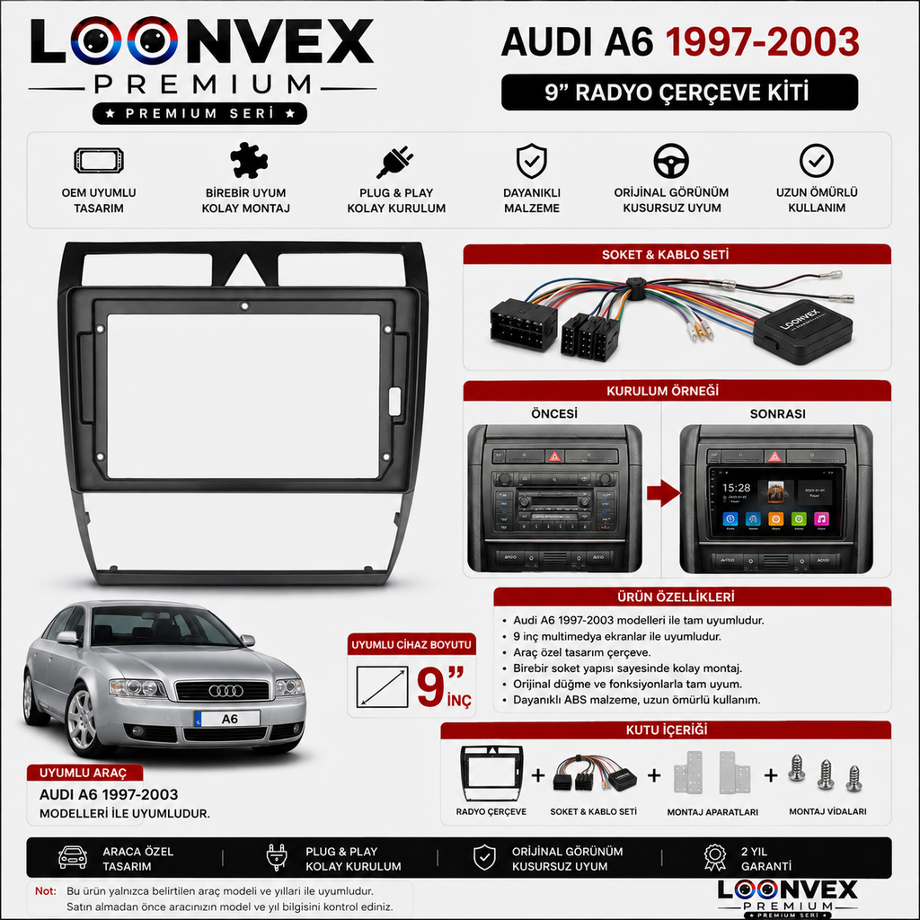 Audi A6 1997-2003 9 İnç Multimedya Çerçeve + Soket Seti OEM Uyumlu