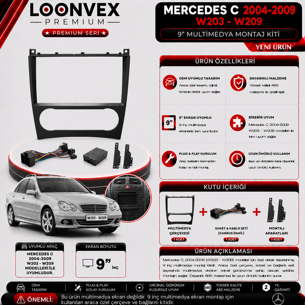 PREMIUM MERCEDES C 2004-2009 W203-W209 9" MULTİMEDYA MONTAJ KİTİ