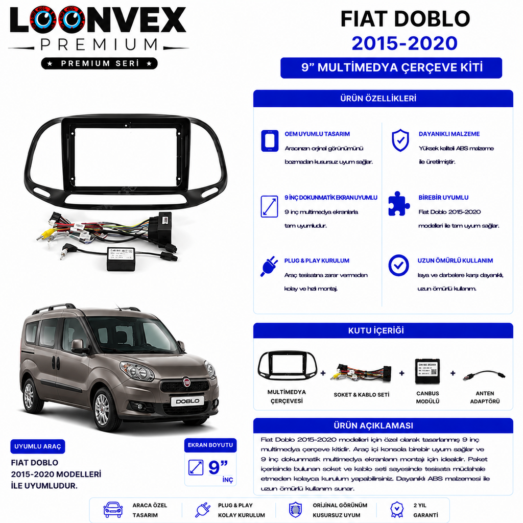 PREMIUM – FIAT DOBLO 2015-2020 9" MULTİMEDYA ÇERÇEVE + SOKET KİTİ