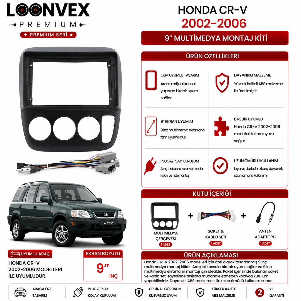 PREMIUM – HONDA CR-V 2002-2006 9" MULTİMEDYA ÇERÇEVE + SOKET KİTİ
