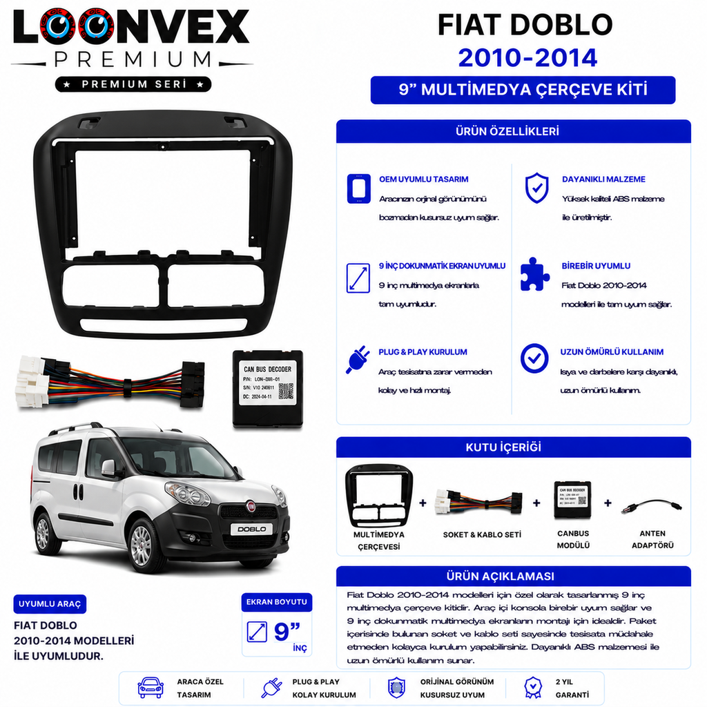 [LNV-CER-0045] PREMIUM – FIAT DOBLO 2010-2014 9" MULTİMEDYA ÇERÇEVE + SOKET KİTİ