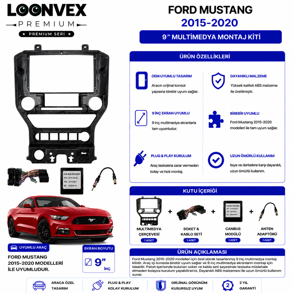 PREMIUM – FORD MUSTANG 2015-2020 9" MULTİMEDYA ÇERÇEVE + SOKET KİTİ