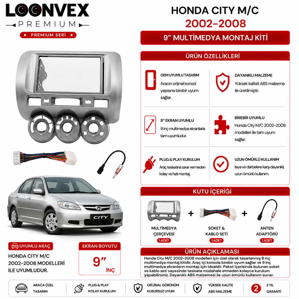 PREMIUM – HONDA CITY M/C 2002-2008 9" MULTİMEDYA ÇERÇEVE + SOKET KİTİ