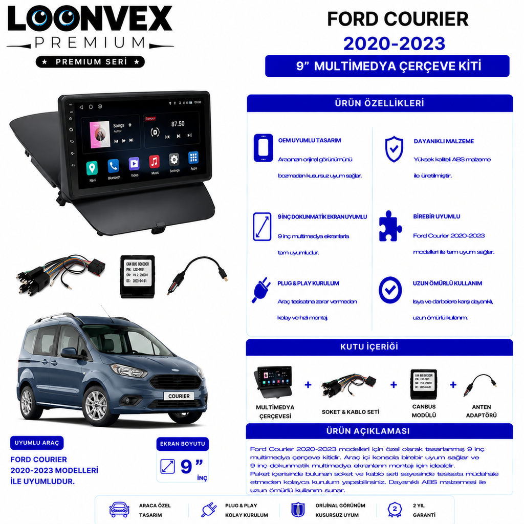 PREMIUM – FORD COURIER 2020-2023 9" MULTİMEDYA ÇERÇEVE + SOKET KİTİ
