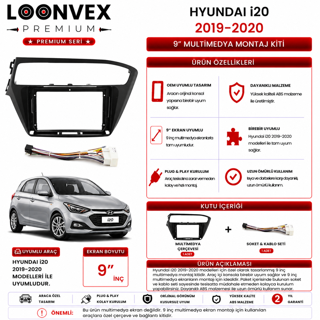 [LNV-CER-0133] PREMIUM – HYUNDAI i20 2019-2020 9" MULTİMEDYA ÇERÇEVE + SOKET KİTİ