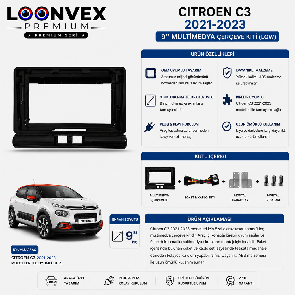 [LNV-CER-0025] Citroen C3 2021-2023 Low 9 İnç Multimedya Çerçeve + Soket Seti OEM Uyumlu