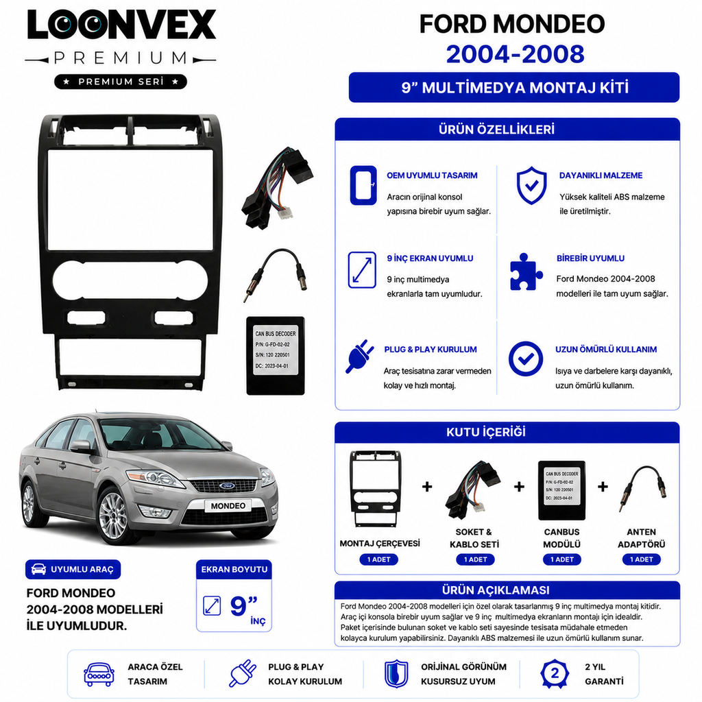 [LNV-CER-0077] PREMIUM – FORD MONDEO 2004-2008 9" MULTİMEDYA ÇERÇEVE + SOKET KİTİ