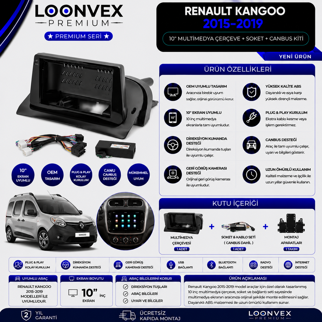[LNV-CER-0249] Premium Renault Kangoo 2015-2019 10 İnç Multimedya Çerçeve + Soket + CANBUS Montaj Kiti