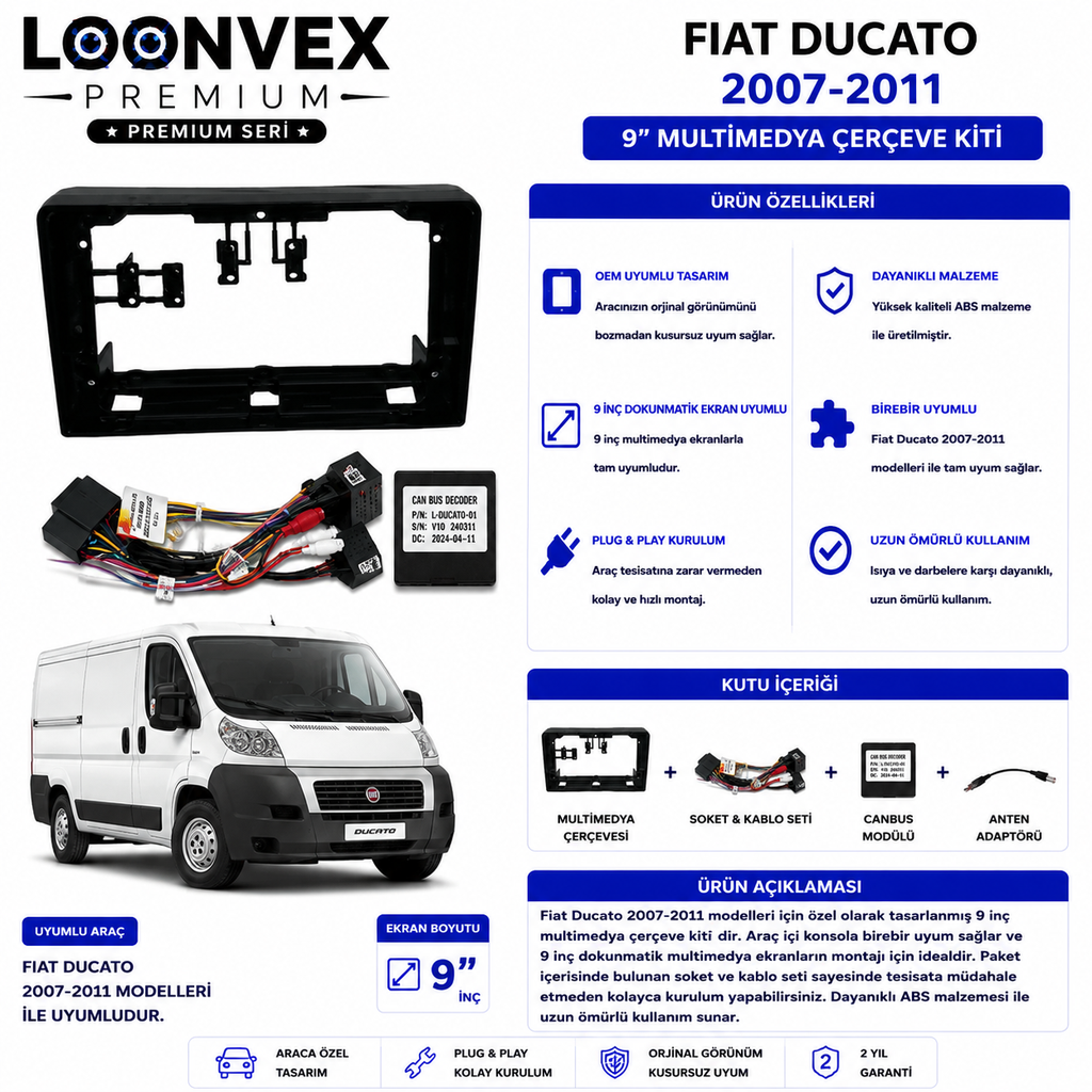 PREMIUM – FIAT DUCATO 2007-2011 9" MULTİMEDYA ÇERÇEVE + SOKET KİTİ