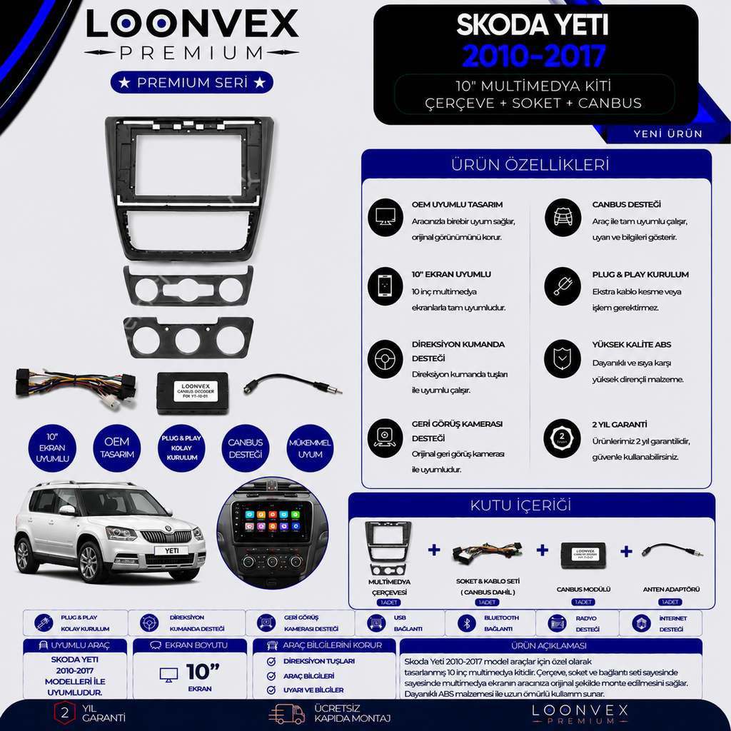 [LNV-CER-0281] Premium Skoda Yeti 2010-2017 10 İnç Multimedya Çerçeve + Soket + CANBUS Montaj Kiti