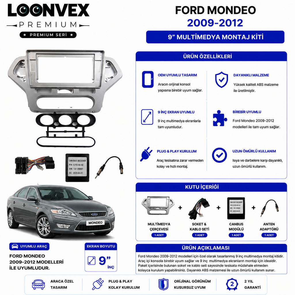 PREMIUM – FORD MONDEO 2009-2012 9" MULTİMEDYA ÇERÇEVE + SOKET KİTİ