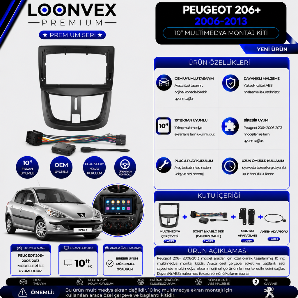 Premium Peugeot 206+ 2006-2013 10 İnç Multimedya Çerçeve + Soket + CANBUS Montaj Kiti