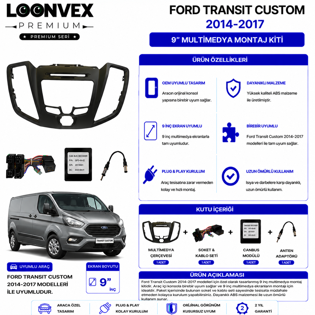 PREMIUM – FORD TRANSIT CUSTOM 2014-2017 9" MULTİMEDYA ÇERÇEVE + SOKET KİTİ
