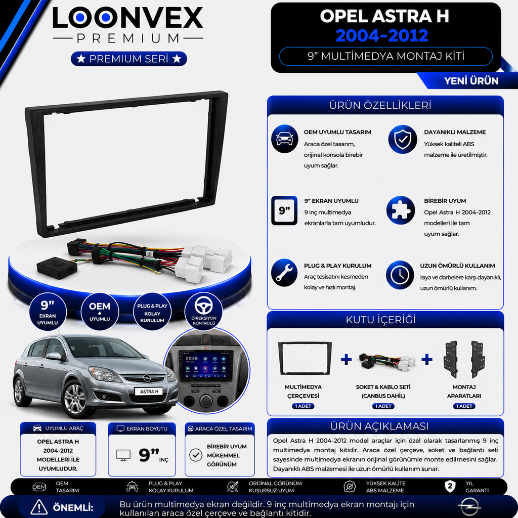 Premium Opel Astra H 2004-2012 9 İnç Multimedya Çerçeve ve Soket Montaj Kiti