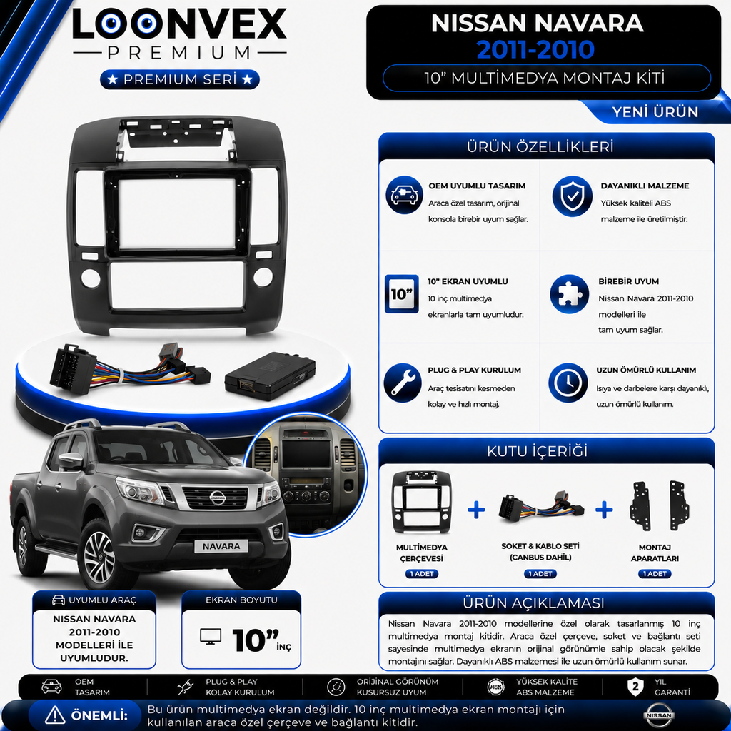 Premium Nissan Navara 2011-2010 10 İnç Multimedya Çerçeve ve Soket Montaj Kiti