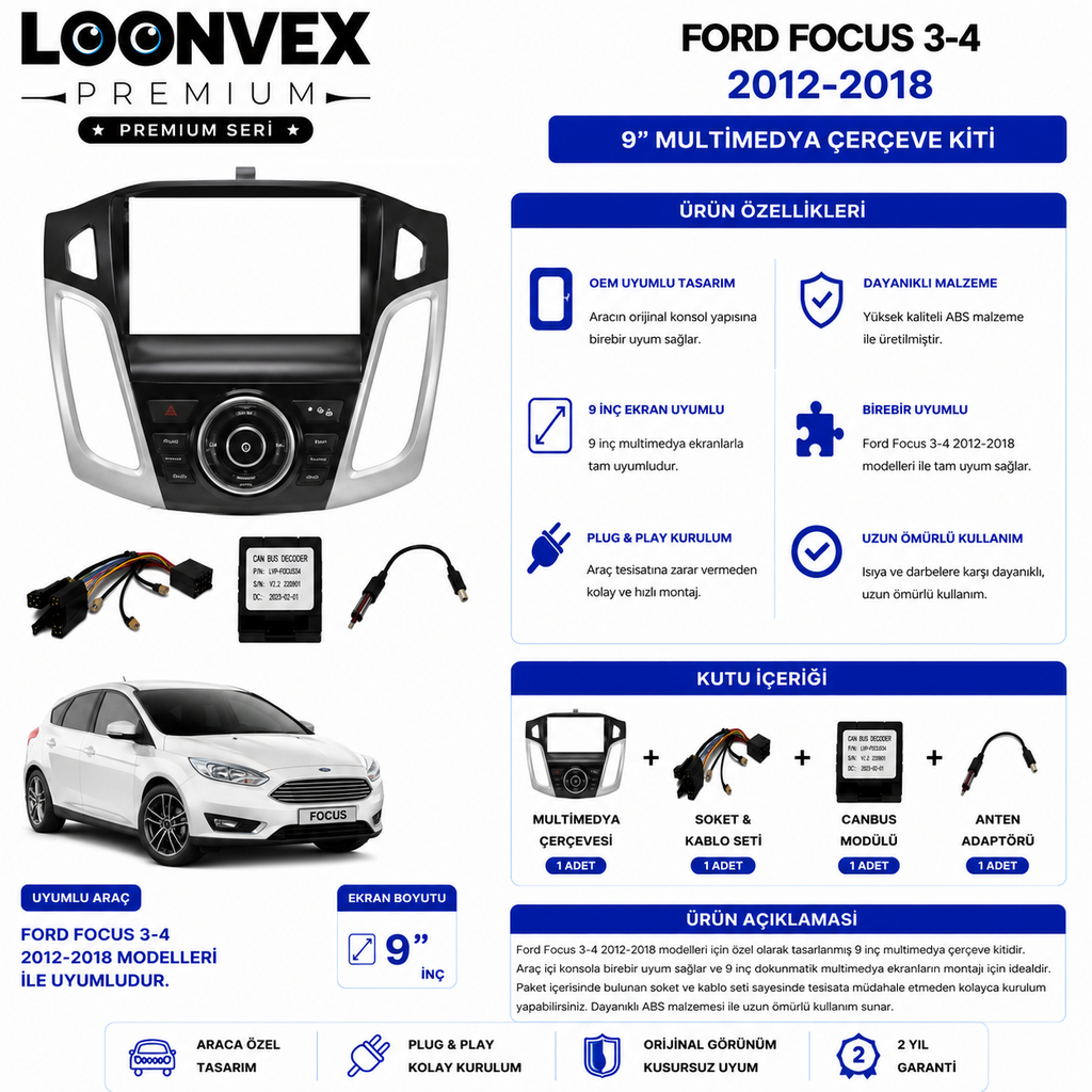 PREMIUM – FORD FOCUS 3-4 2012-2018 9" MULTİMEDYA ÇERÇEVE + SOKET KİTİ