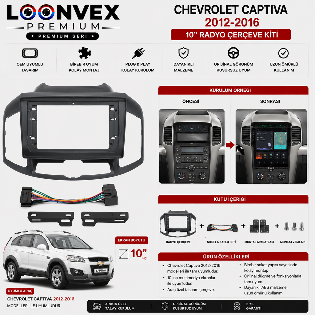 Chevrolet Captiva 2012-2016 10 İnç Multimedya Çerçeve + Soket Seti OEM Uyumlu