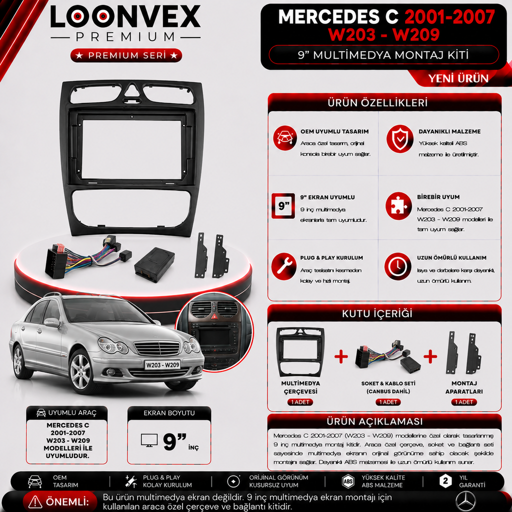 [LNV-CER-0192] PREMIUM MERCEDES C 2001-2007 W203-W209 9" MULTİMEDYA MONTAJ KİTİ