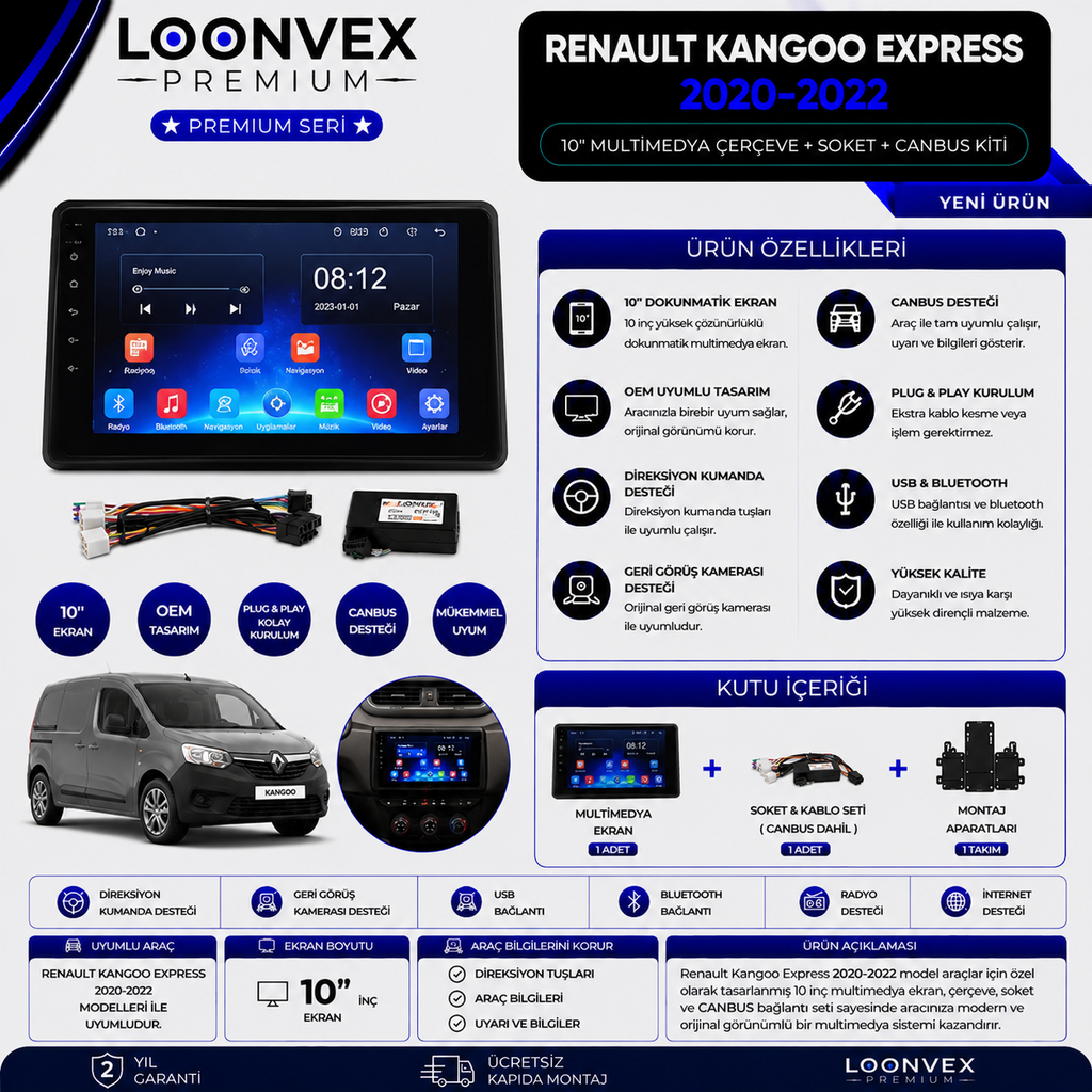 Premium Renault Kangoo Express 2020-2022 10 İnç Multimedya Çerçeve + Soket + CANBUS Montaj Kiti