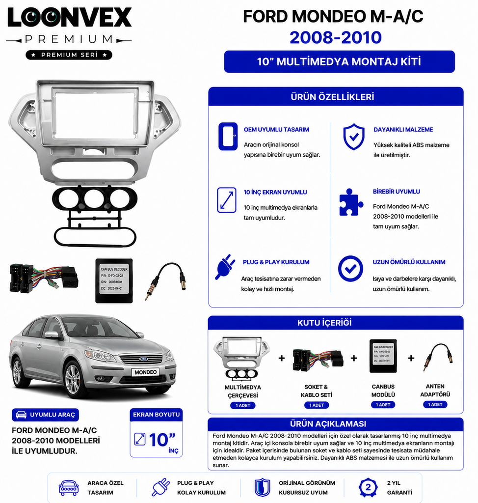PREMIUM – FORD MONDEO M-A/C 2008-2010 10" MULTİMEDYA ÇERÇEVE + SOKET KİTİ