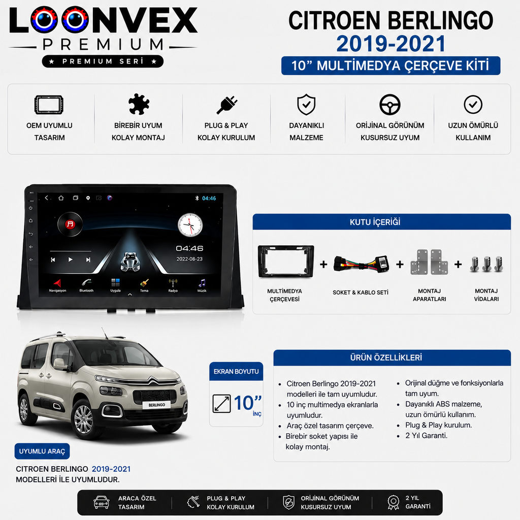 Citroen Berlingo 2019-2021 10 İnç Multimedya Çerçeve + Soket Seti OEM Uyumlu