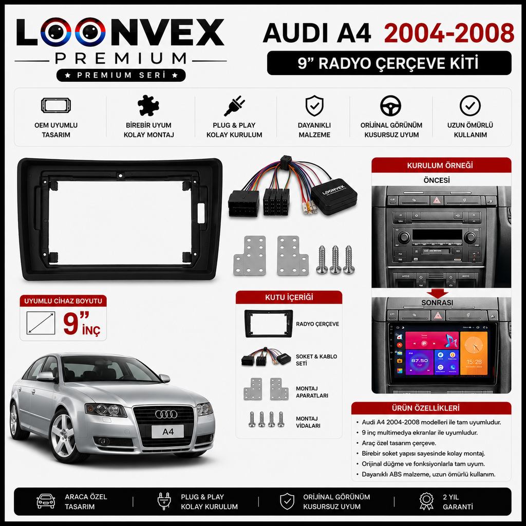 Audi A4 2004-2008 9 İnç Multimedya Çerçeve + Soket Seti OEM Uyumlu