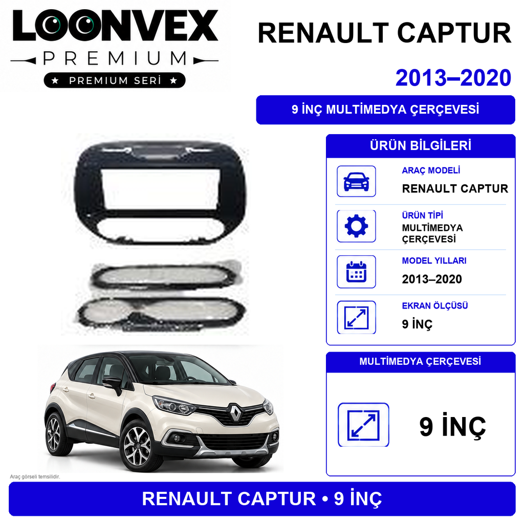 [LNV-CER-0240] LOONVEX Premium Renault Captur M-A/C 2011-2016 9 İnç Multimedya Çerçeve + Soket + CANBUS Montaj Kiti