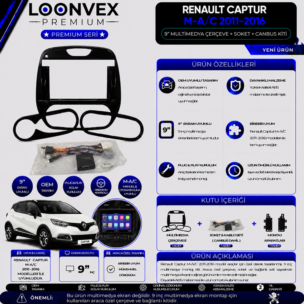 Premium Renault Captur M-A/C 2011-2016 9 İnç Multimedya Çerçeve + Soket + CANBUS Montaj Kiti