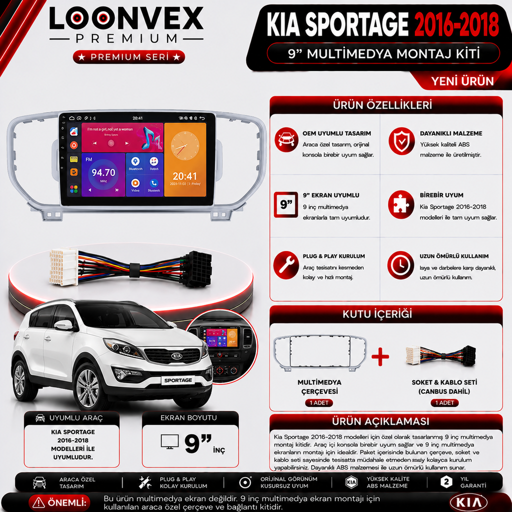 [LNV-CER-0181] PREMIUM KIA SPORTAGE 2016-2018 9" MULTİMEDYA MONTAJ KİTİ