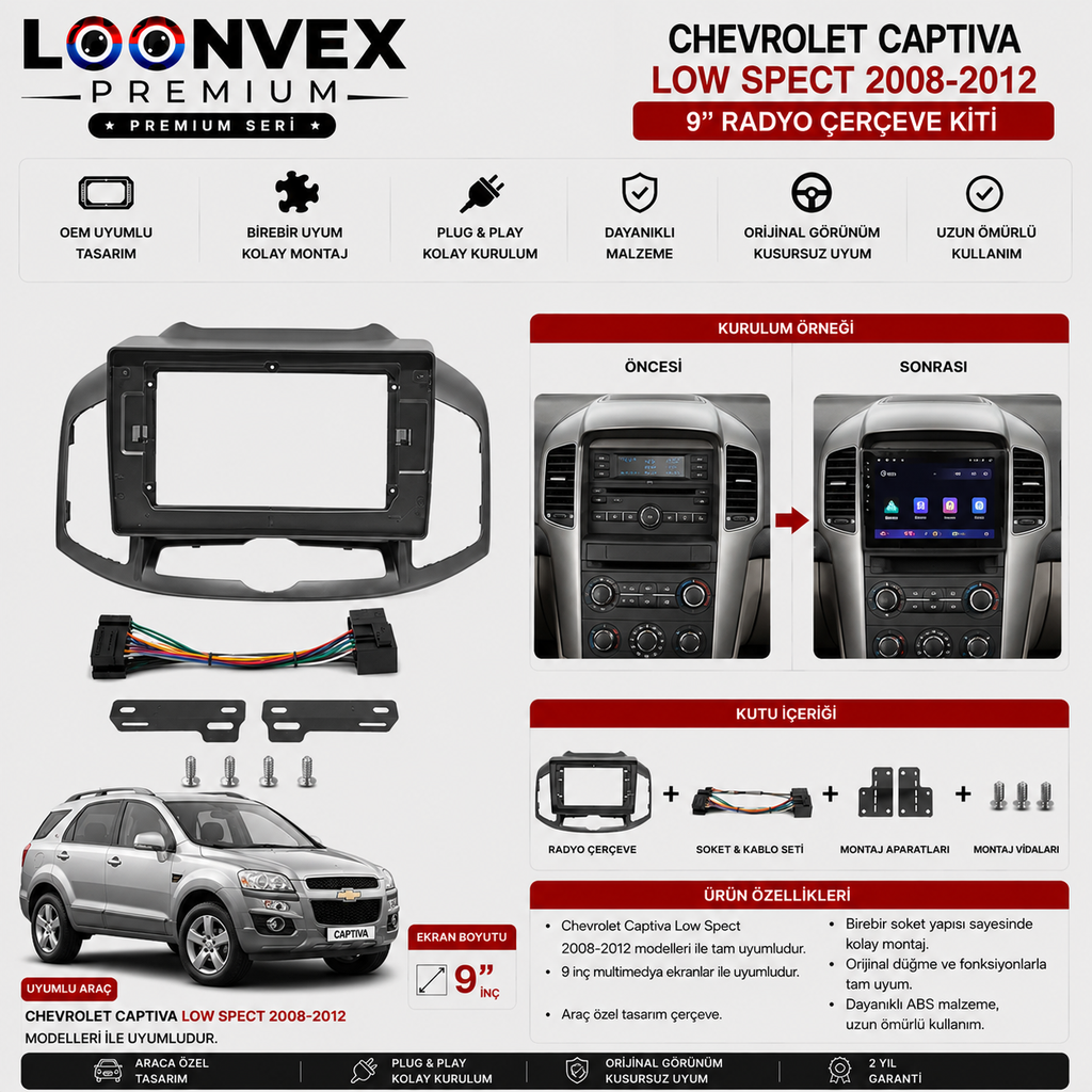 Chevrolet Captiva Low Spect 2008-2012 9 İnç Multimedya Çerçeve + Soket Seti OEM Uyumlu