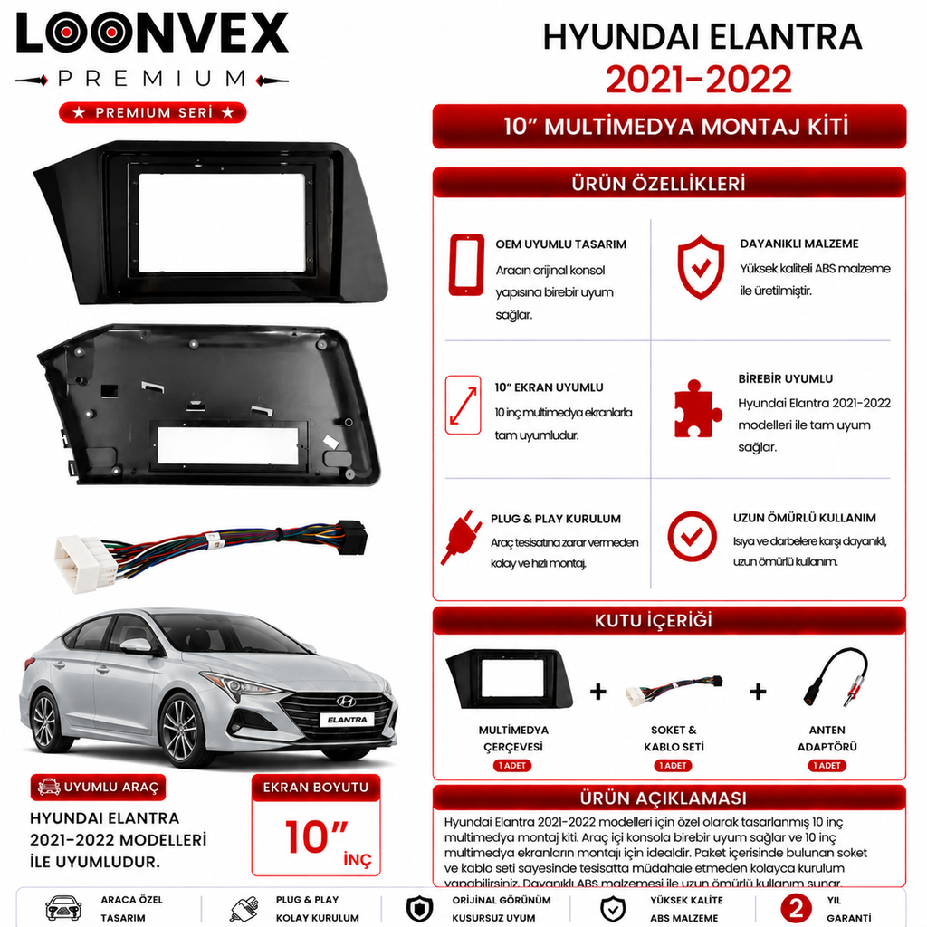 PREMIUM – HYUNDAI ELANTRA 2021-2022 10" MULTİMEDYA ÇERÇEVE + SOKET KİTİ