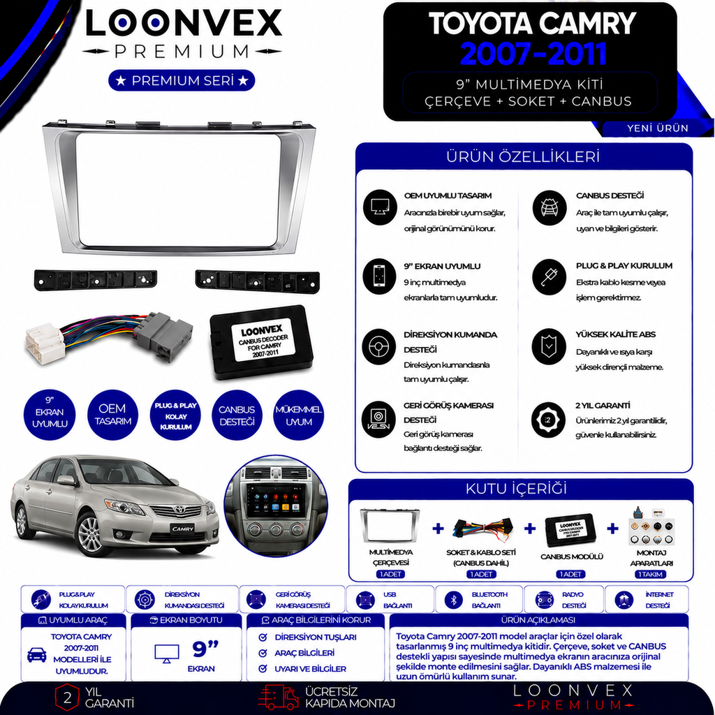 Premium Toyota Camry 2007-2011 9 İnç Multimedya Çerçeve + Soket + CANBUS Montaj Kiti