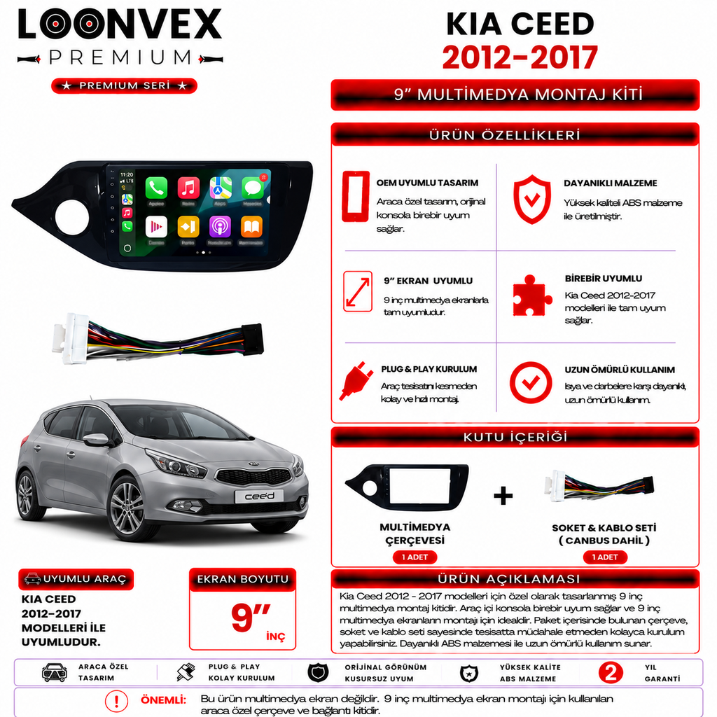 PREMIUM – KIA CEED 2012-2017 9" MULTİMEDYA ÇERÇEVE + SOKET KİTİ