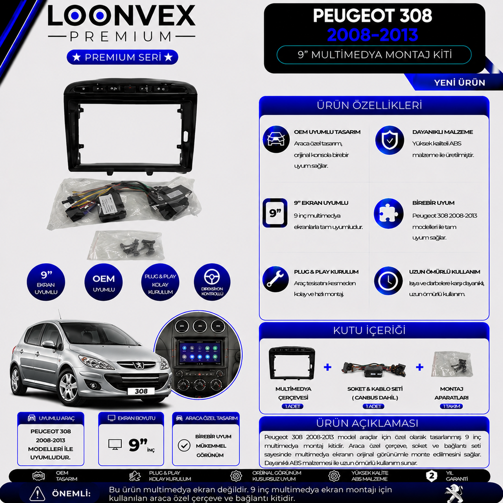 Premium Peugeot 308 2008-2013 9 İnç Multimedya Çerçeve + Soket + CANBUS Montaj Kiti