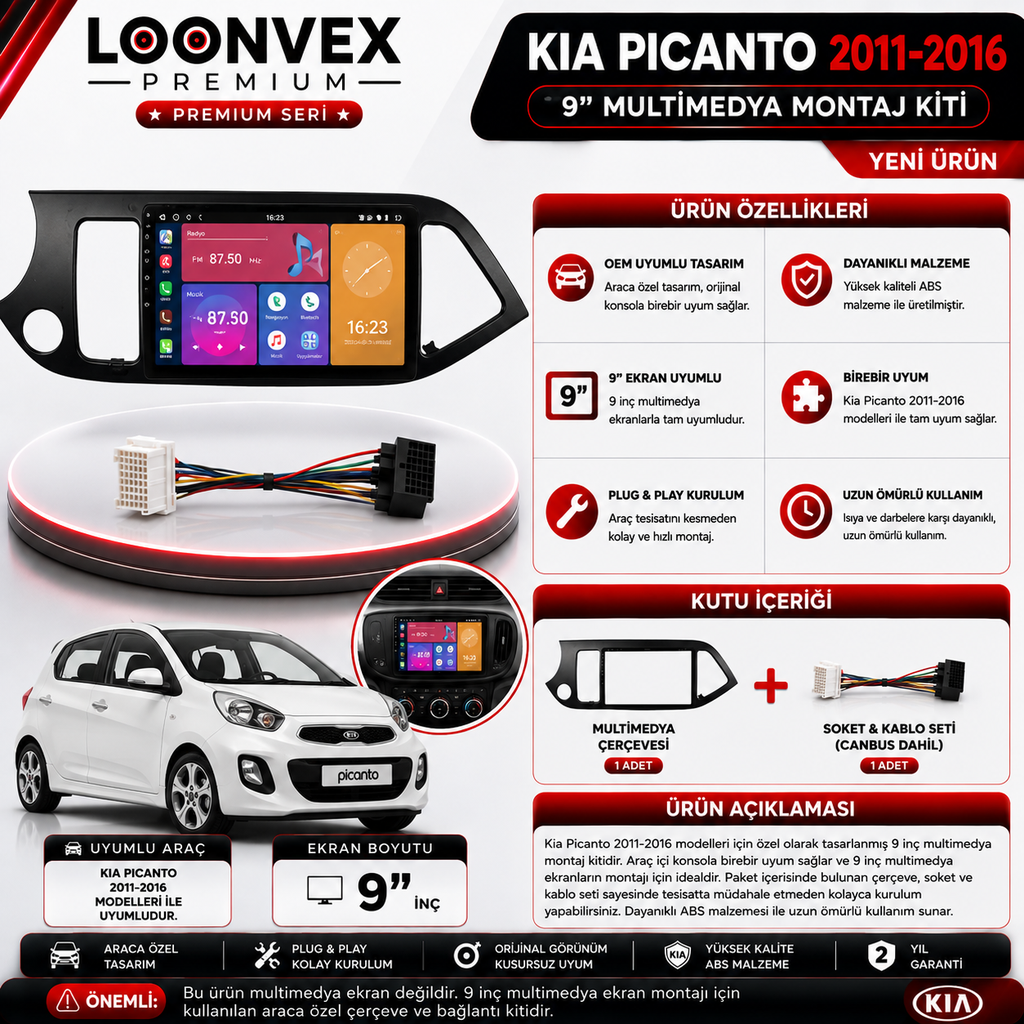 [LNV-CER-0168] PREMIUM KIA PICANTO 2011-2016 9" MULTİMEDYA MONTAJ KİTİ