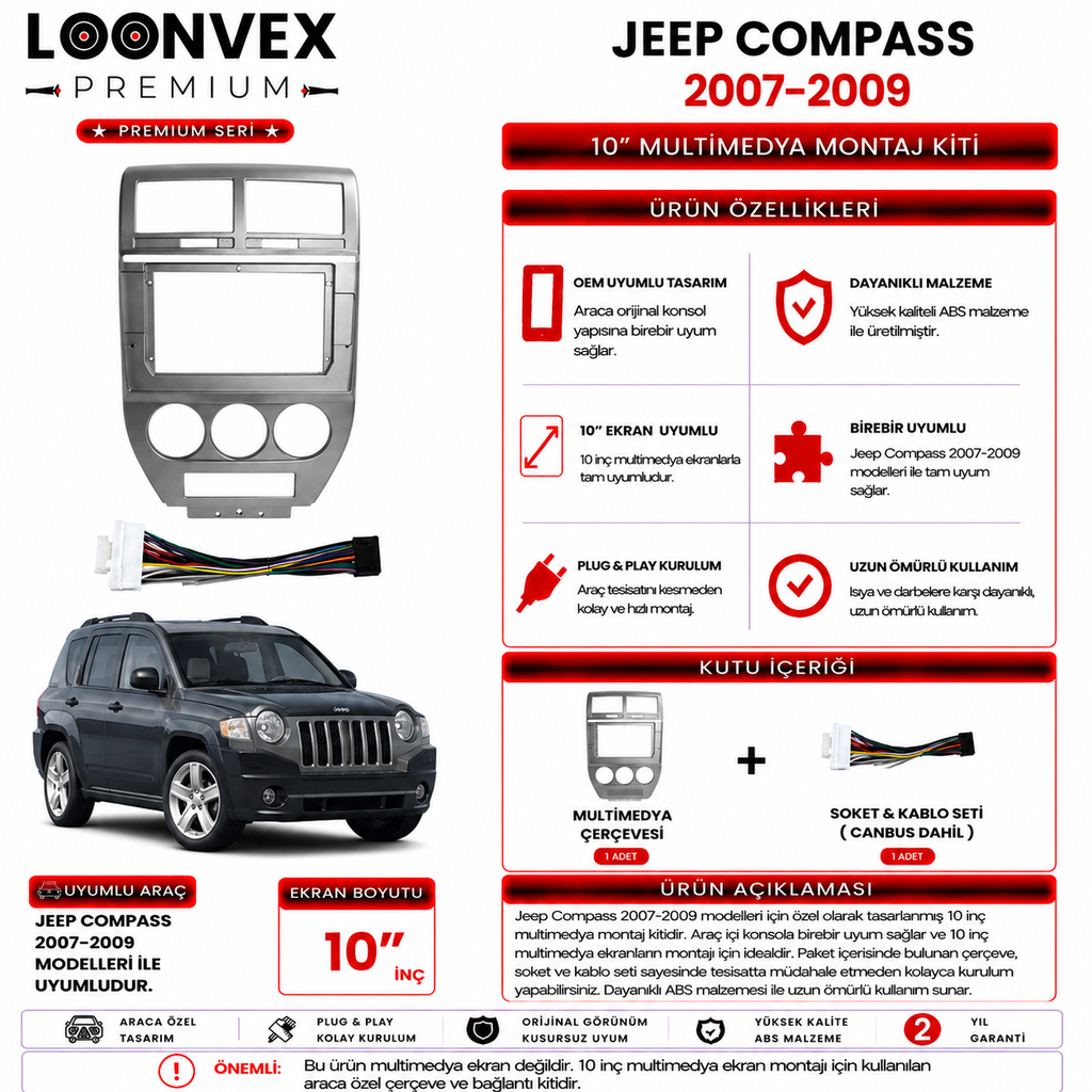 PREMIUM – JEEP COMPASS 2007-2009 10" MULTİMEDYA ÇERÇEVE + SOKET KİTİ
