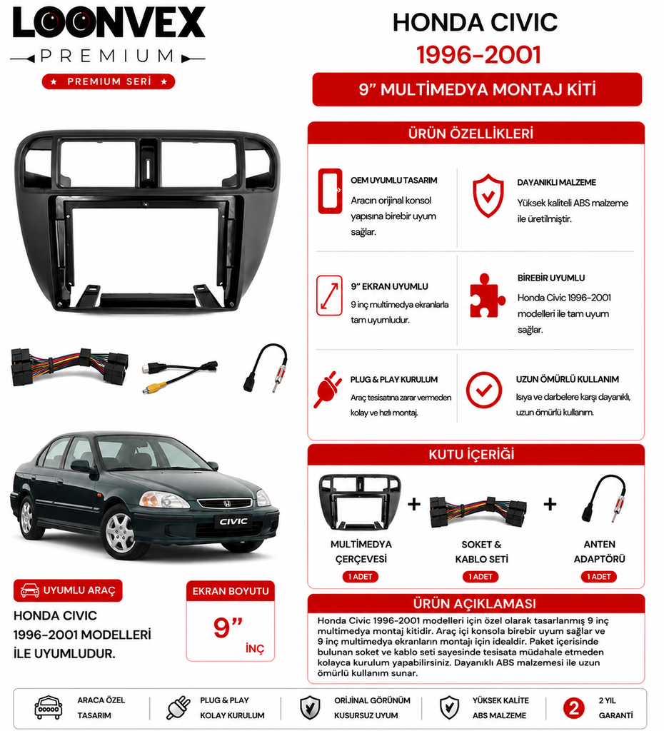 PREMIUM – HONDA CIVIC 1996-2001 9" MULTİMEDYA ÇERÇEVE + SOKET KİTİ