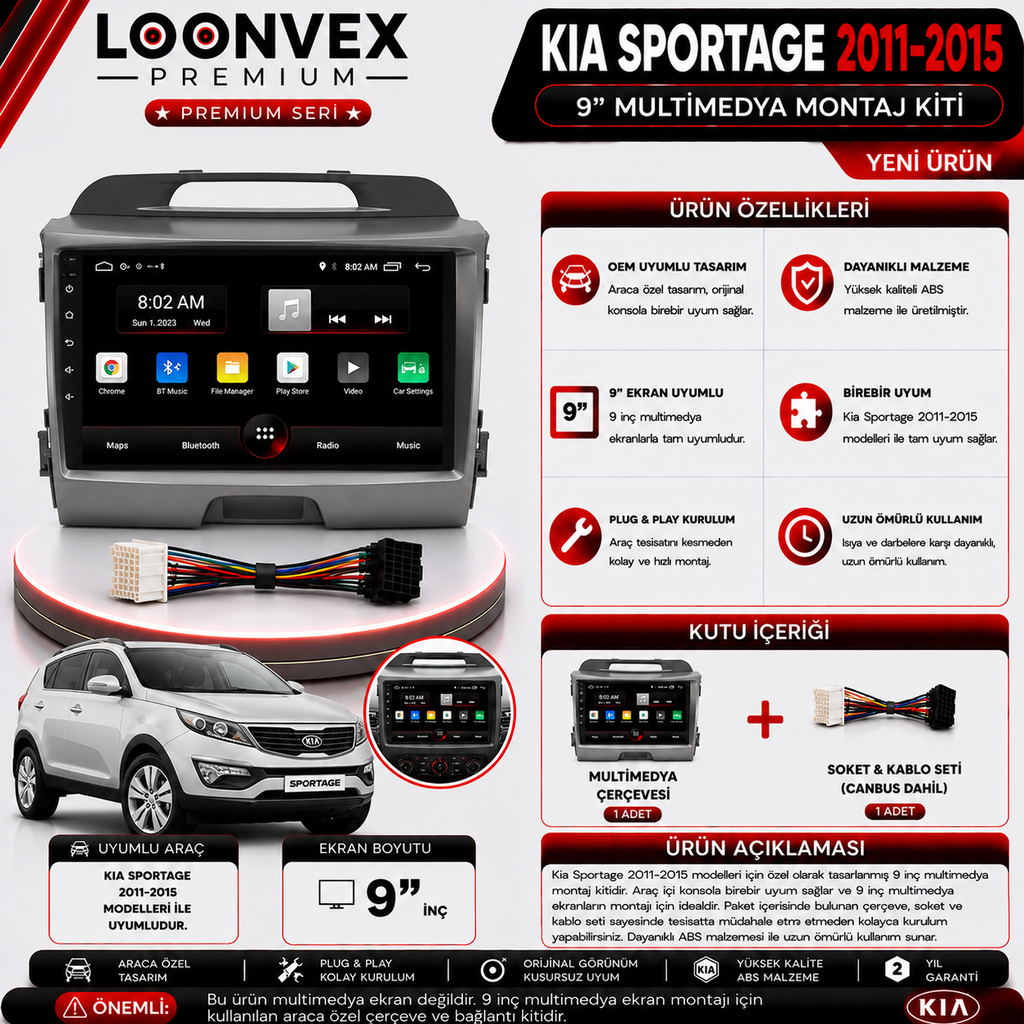 PREMIUM KIA SPORTAGE 2011-2015 9" MULTİMEDYA MONTAJ KİTİ