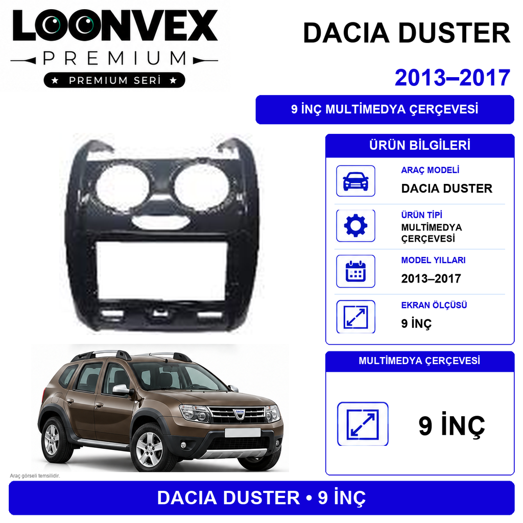 [LNV-CER-0031] LOONVEX Dacia Duster I / HS (Eski Kasa) 2015-2018 9 İnç Multimedya Çerçeve + Soket Kiti