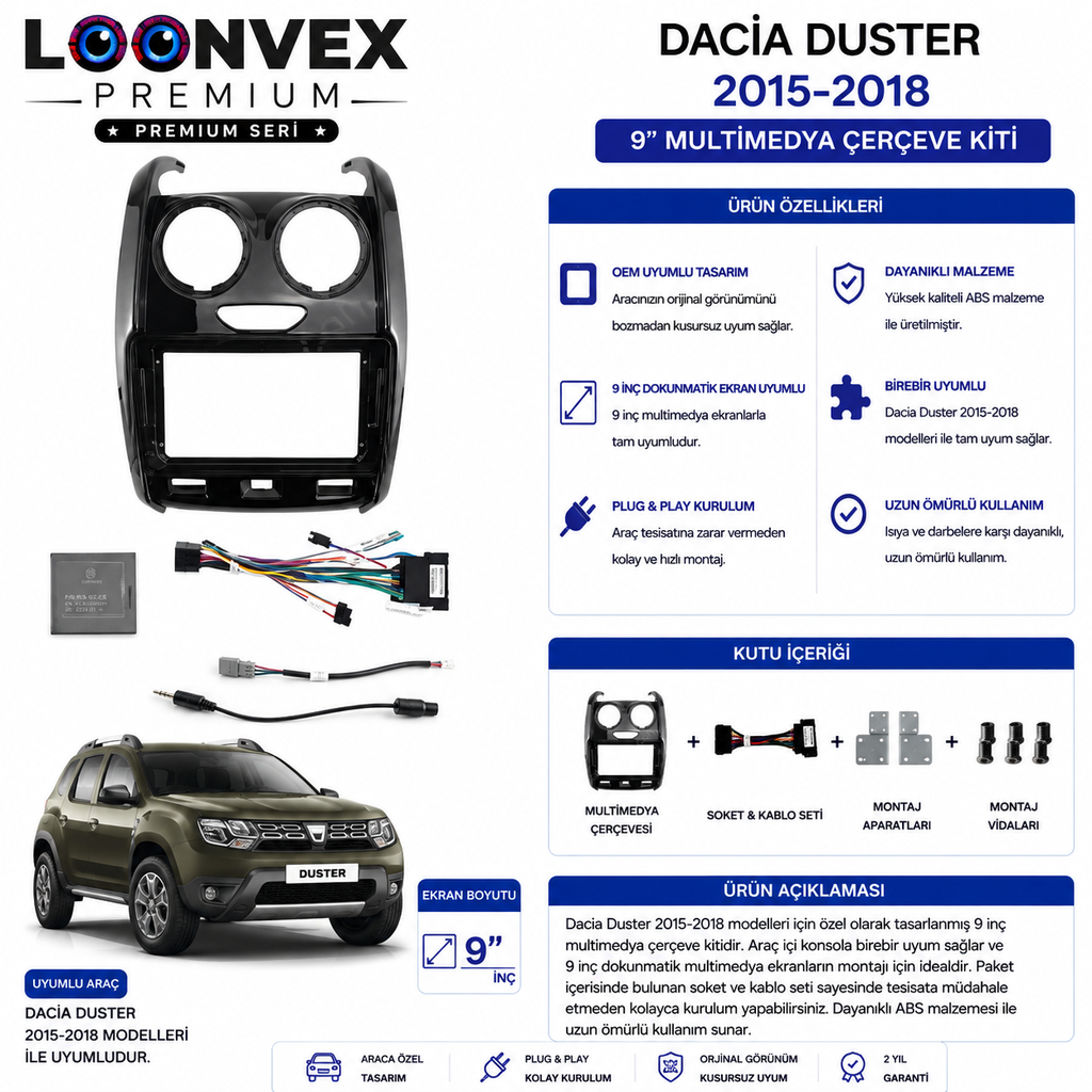 PREMIUM – DACIA DUSTER 2015-2018 9" MULTİMEDYA ÇERÇEVE + SOKET KİTİ