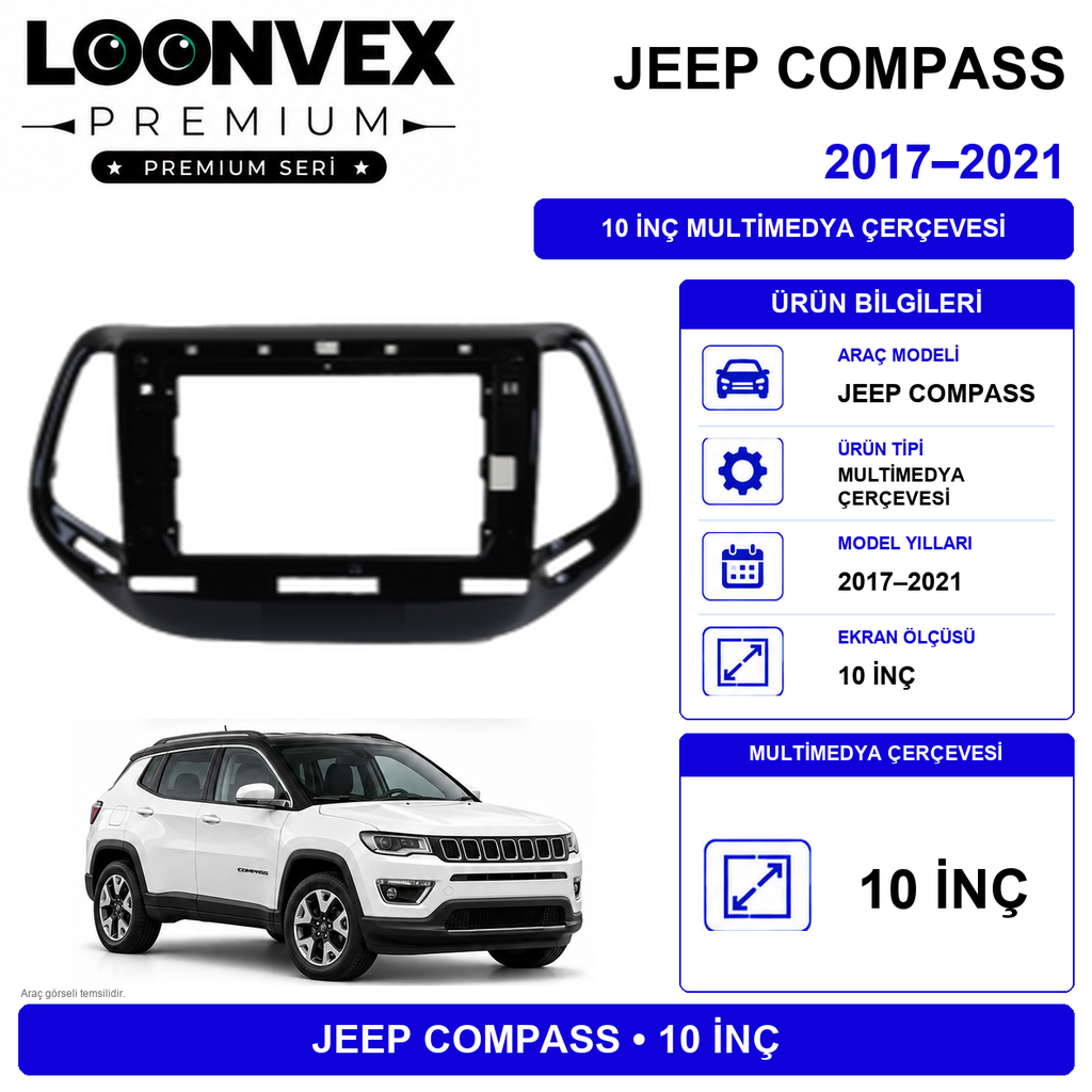 [LNV-CER-0152] LOONVEX PREMIUM – JEEP COMPASS 2016-2017 10" MULTİMEDYA ÇERÇEVE + SOKET KİTİ