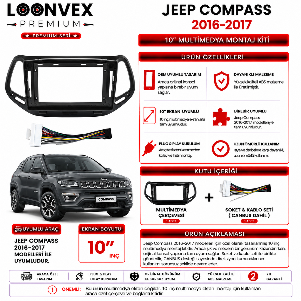 PREMIUM – JEEP COMPASS 2016-2017 10" MULTİMEDYA ÇERÇEVE + SOKET KİTİ